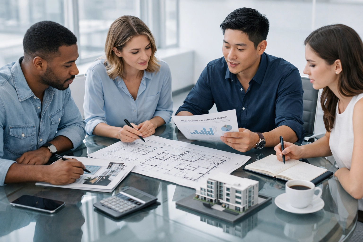 Young investors reviewing real estate investment documents and alternative asset portfolios