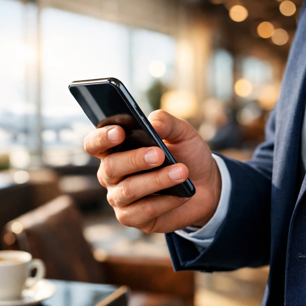 Professional executive using a smartphone in a luxury airport lounge for pre-event networking.