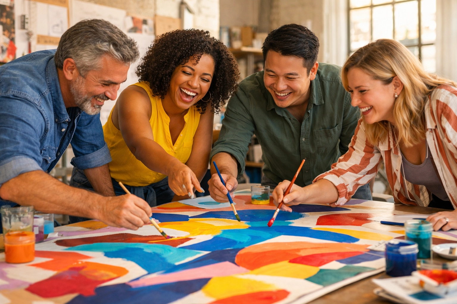 Diverse corporate team collaborating on a shared abstract mural to strengthen workplace communication and trust.