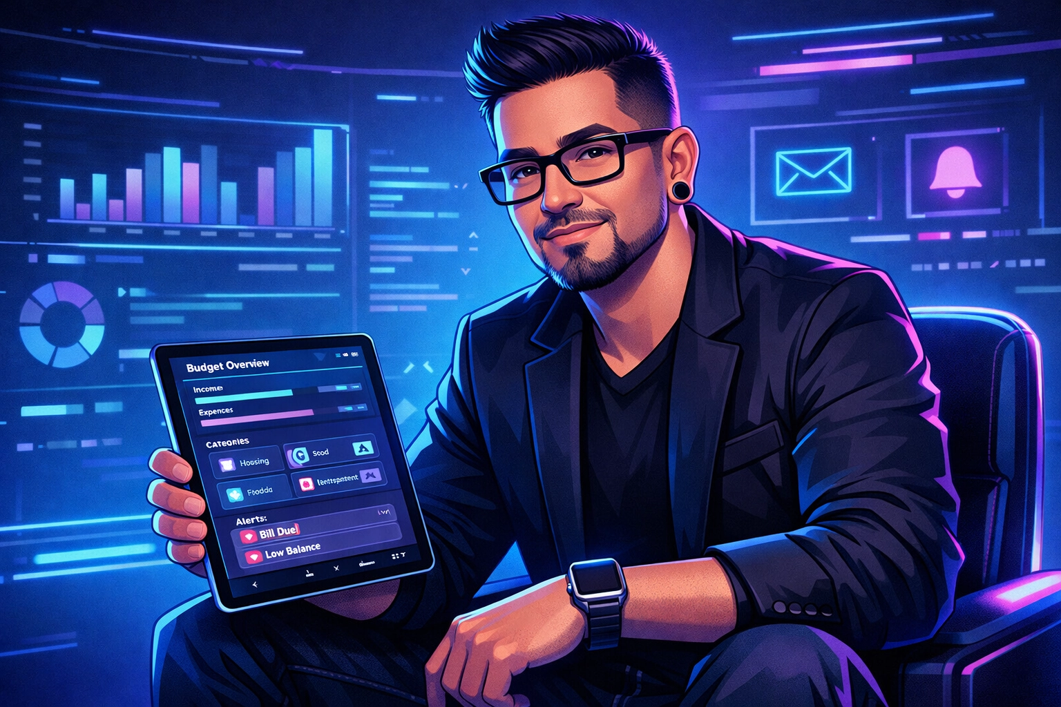 Matthew Elizondo using a digital tablet to manage financial health and budget alignment.