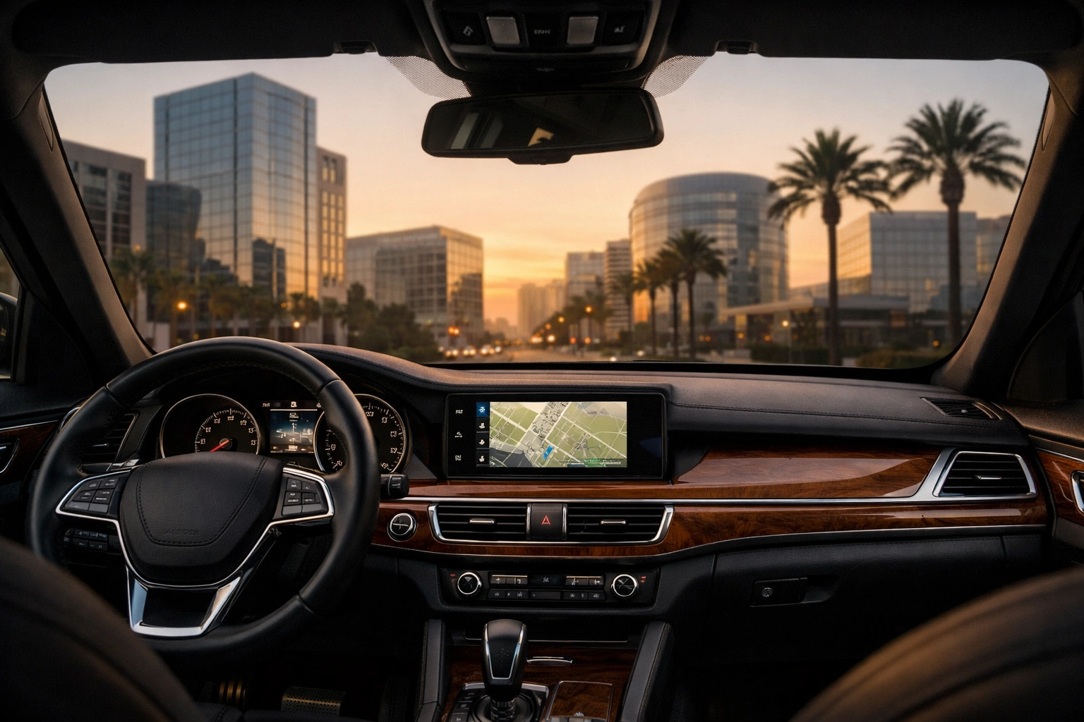 Luxury black sedan interior with Orange County business district view through windshield