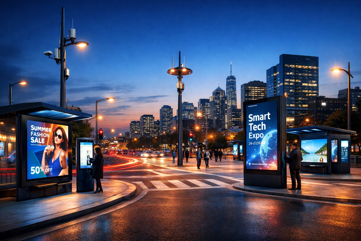 Smart city digital advertising displays and IoT sensors at modern urban intersection
