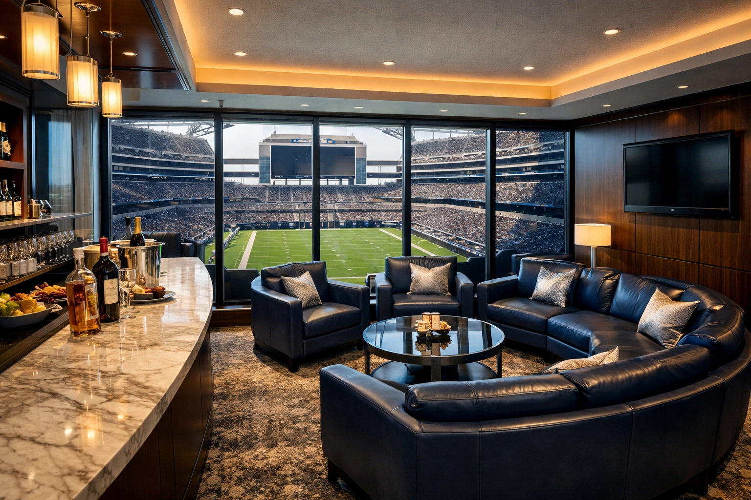 Luxury corporate suite at Super Bowl stadium with premium seating and field views