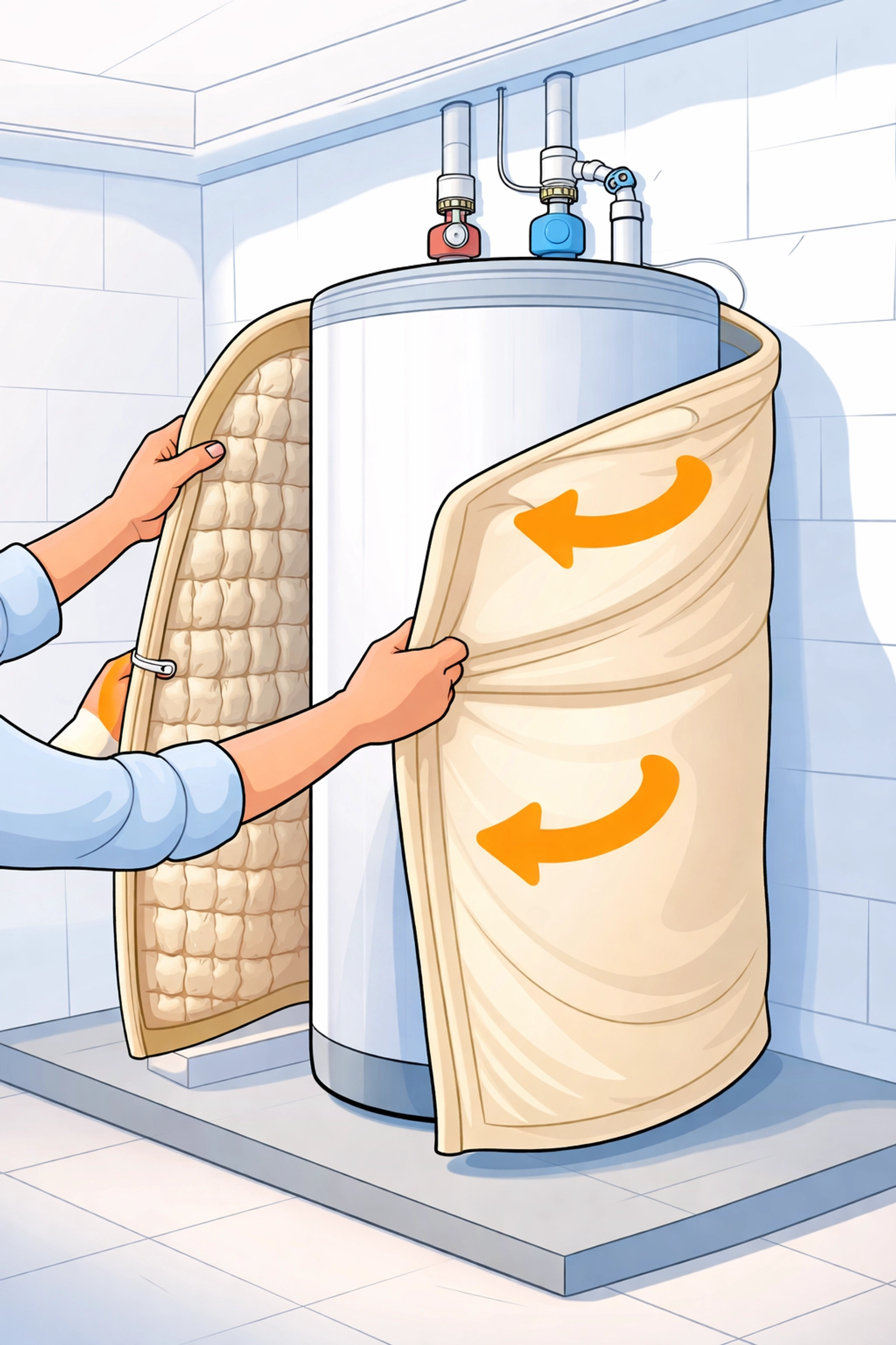 Hands wrapping an insulation jacket around a loft water tank step by step for energy efficiency