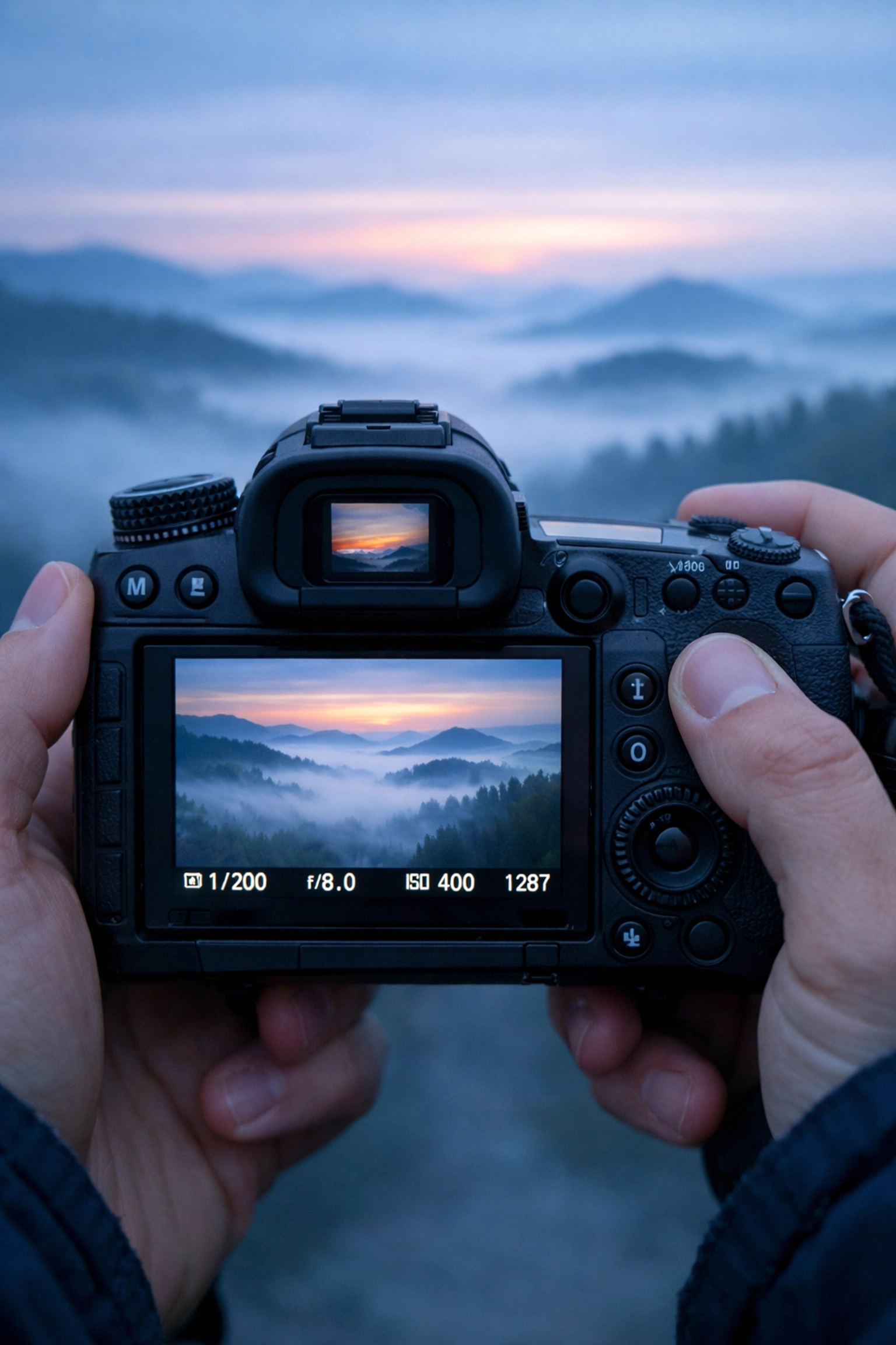 POV of a photographer mastering manual mode while capturing a misty morning landscape through the viewfinder.