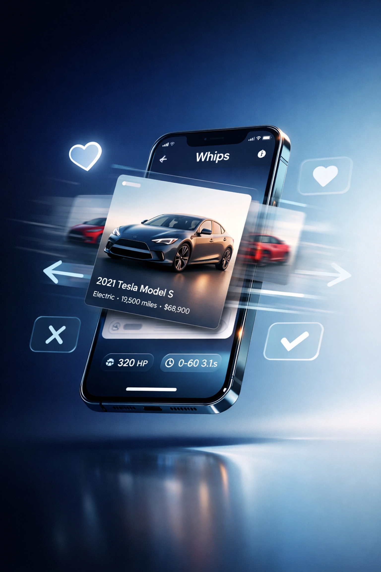 Whips Technologies mobile app showing swipeable car browsing interface