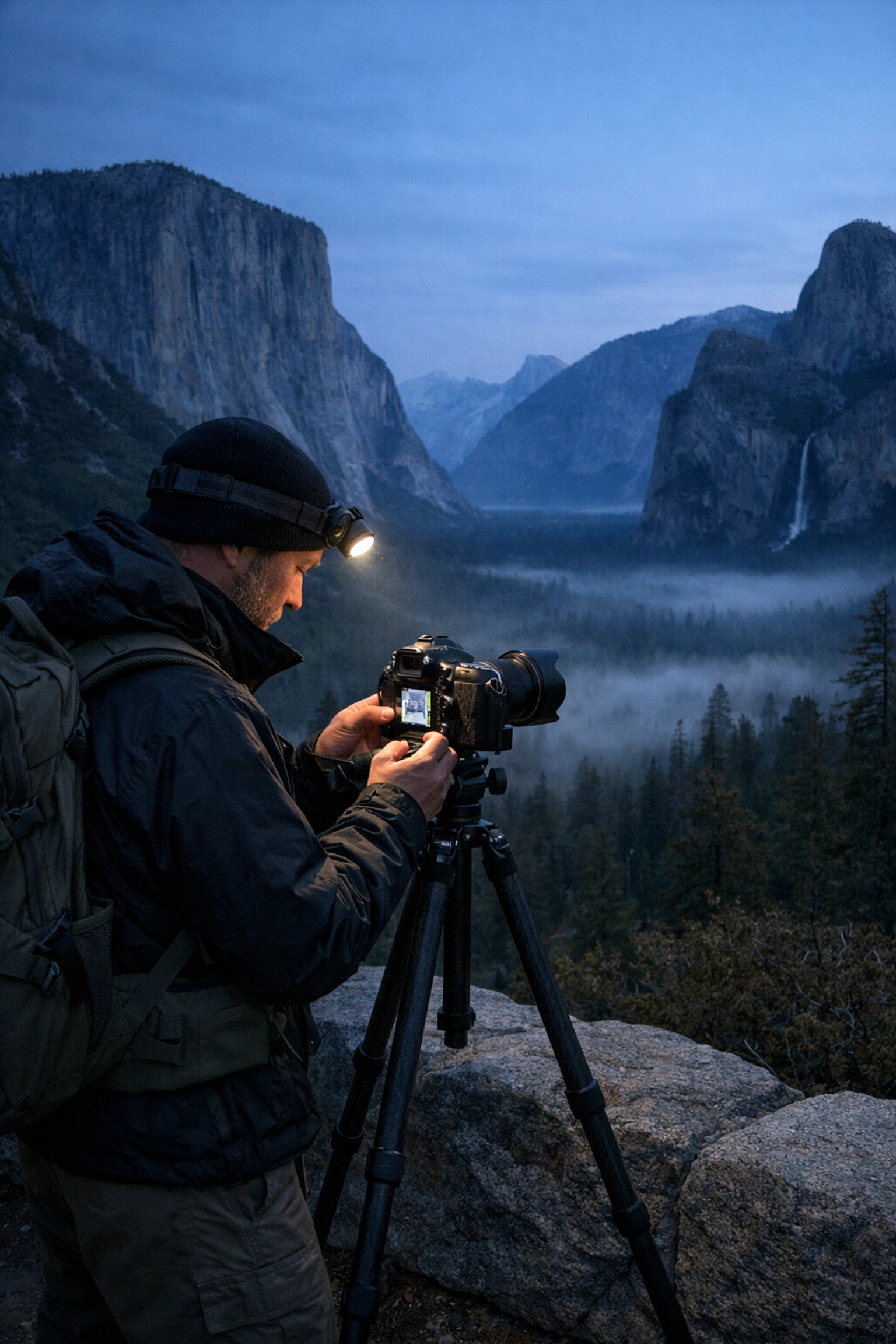 Professional landscape photographer capturing Yosemite Valley at dawn to secure high-quality photography jobs.