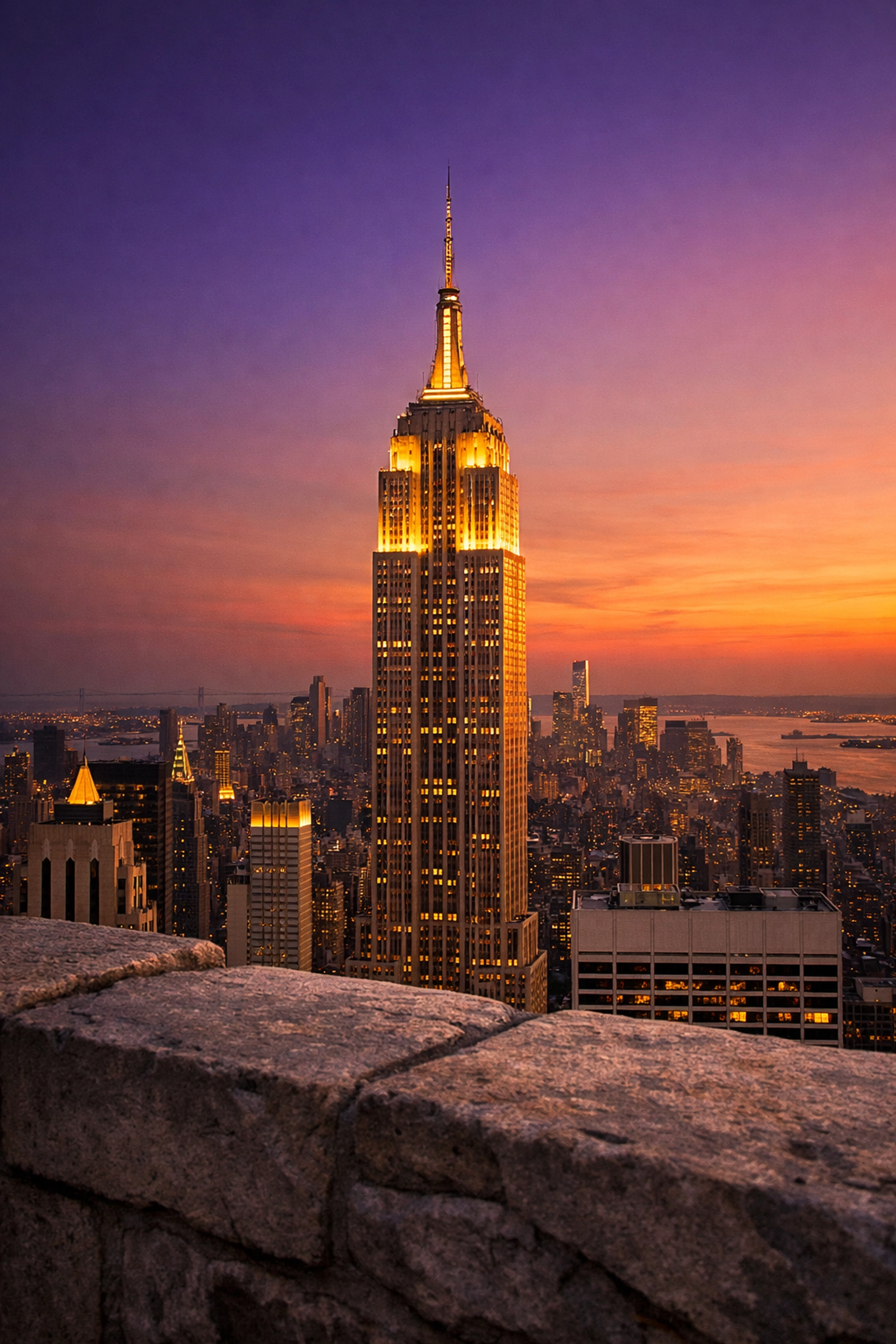 Empire State Building from Top of the Rock at golden hour, one of the best places to take pictures in NYC.
