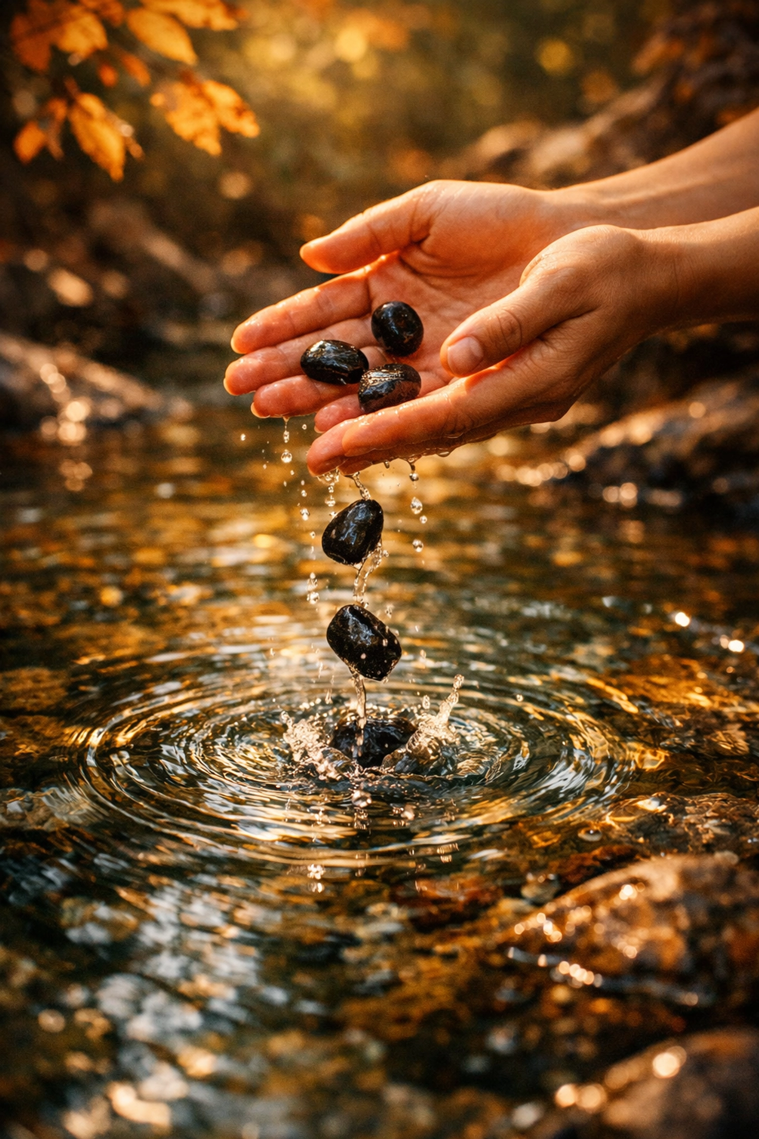 Hands releasing stones into a stream to symbolize letting go of stress and finding peace through biblical forgiveness.