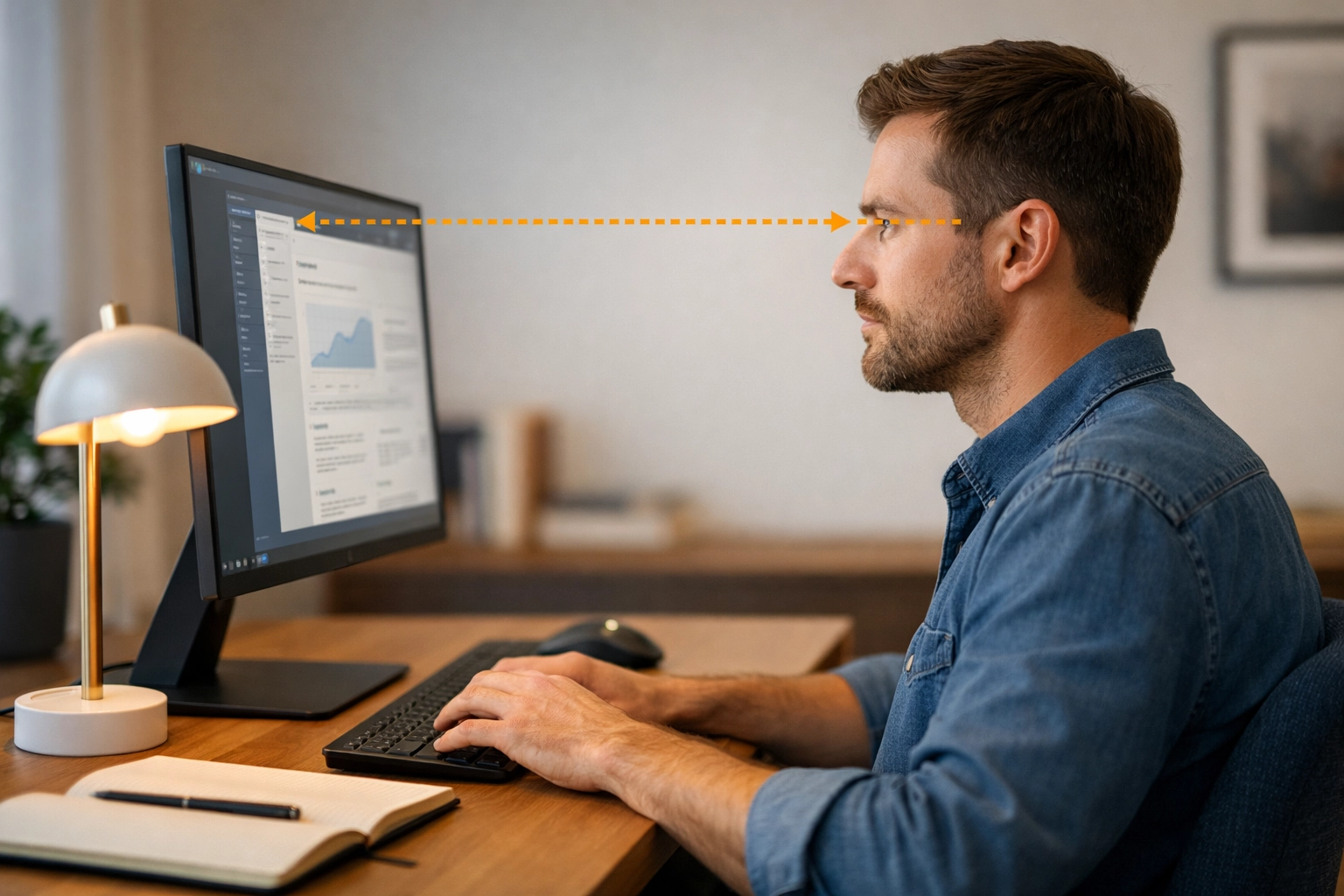 Correct computer monitor height and neutral neck alignment at a professional remote workspace.