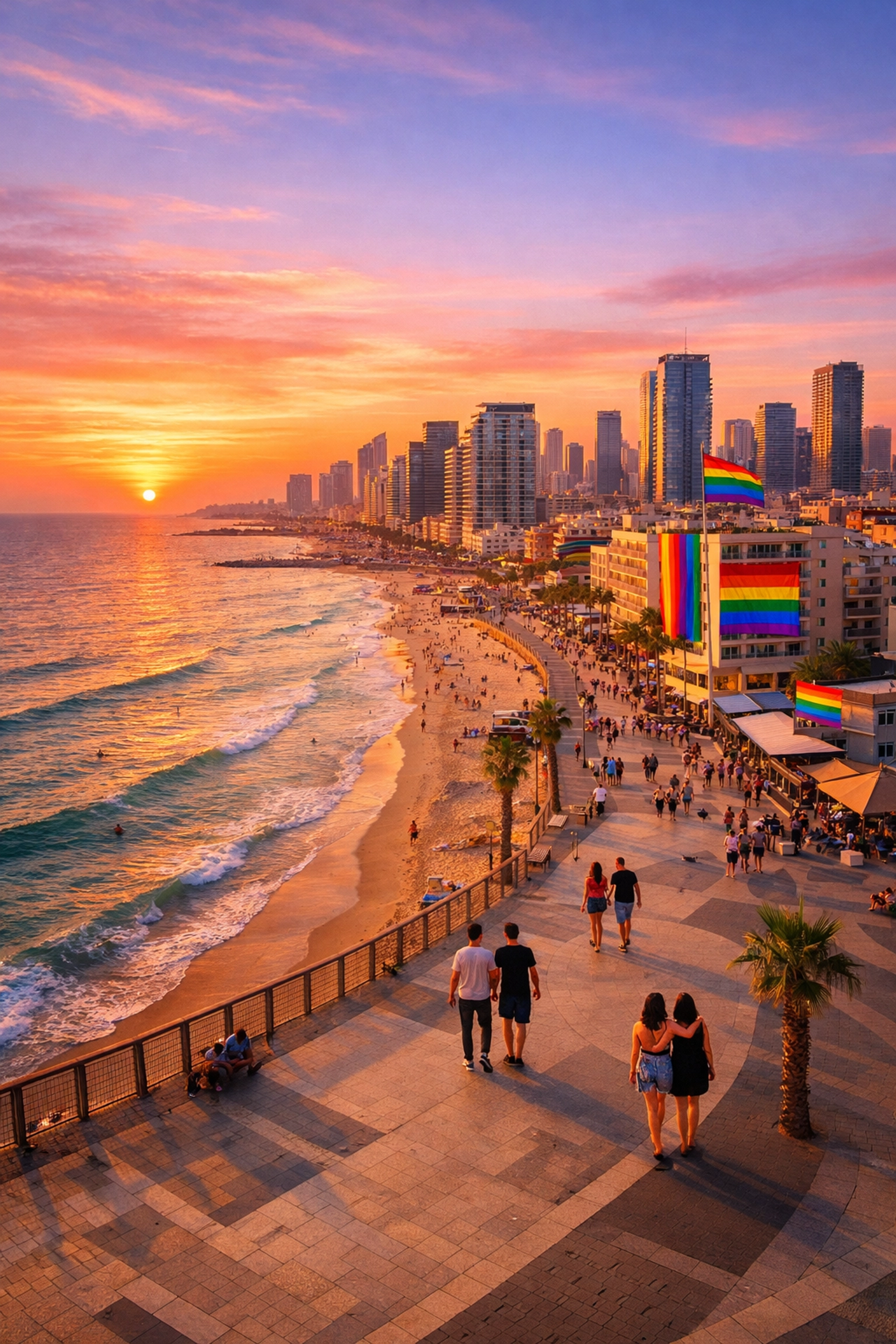 Tel Aviv waterfront at sunset with rainbow pride flags and LGBTQ+ community