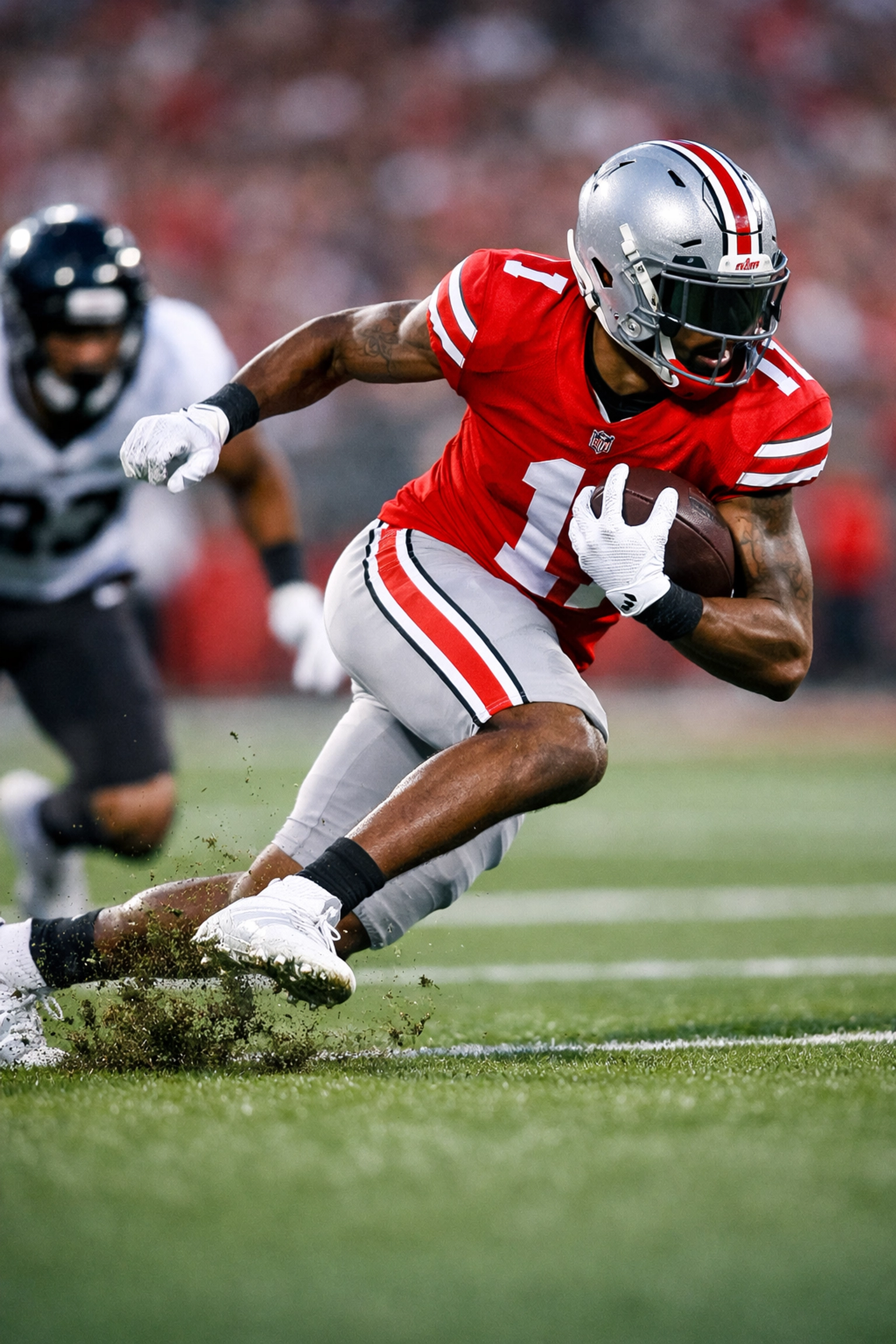 Wide receiver creating separation running precise route during football training