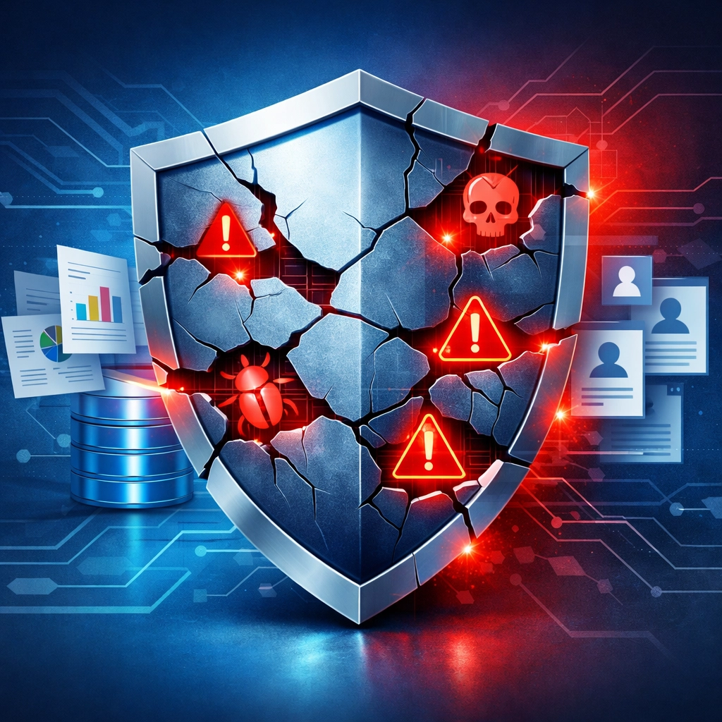 Broken security shield showing cybersecurity vulnerabilities in cheap IT support services