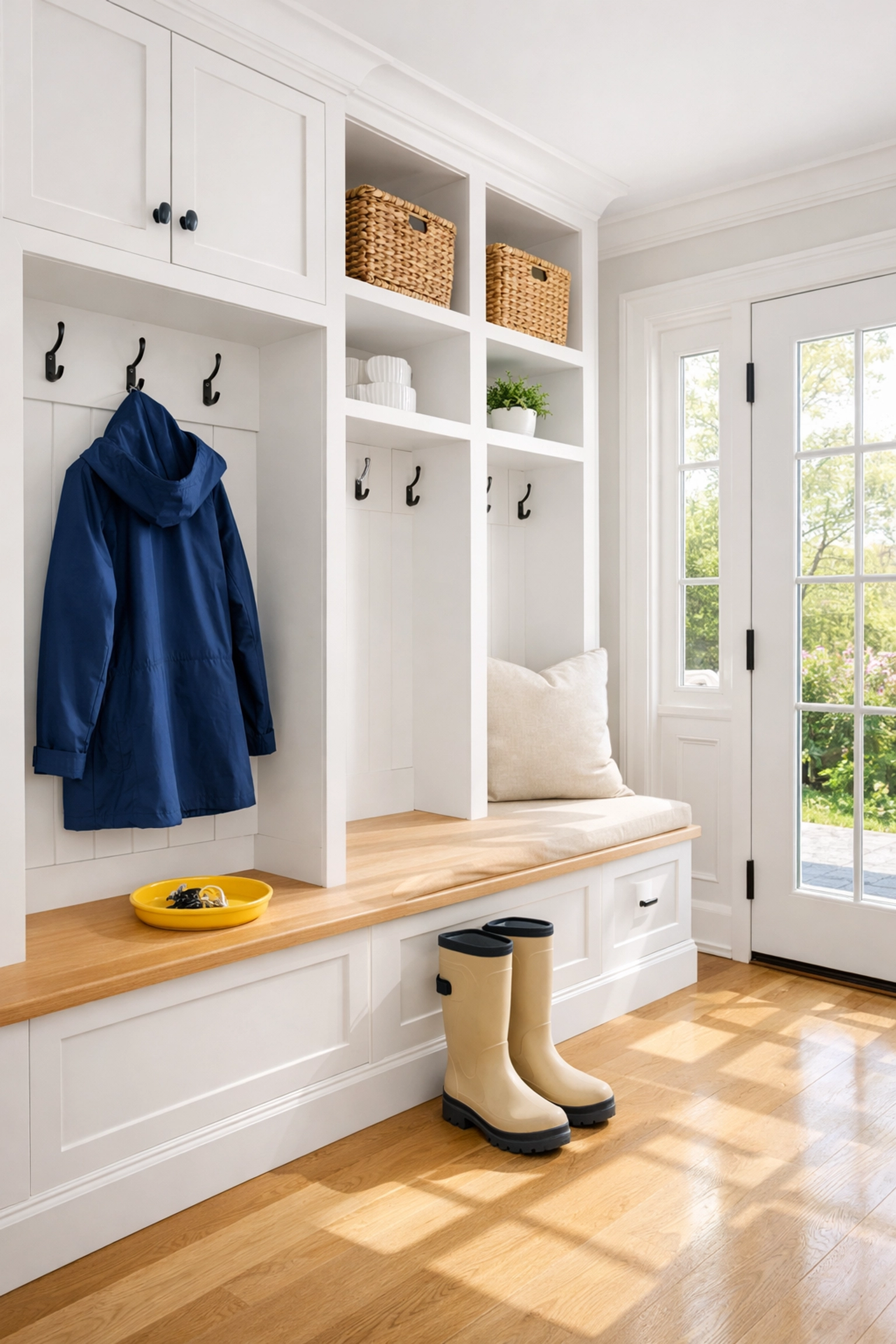 Organized mudroom in a Massachusetts home prepared for spring cleaning and mud season cleanup.