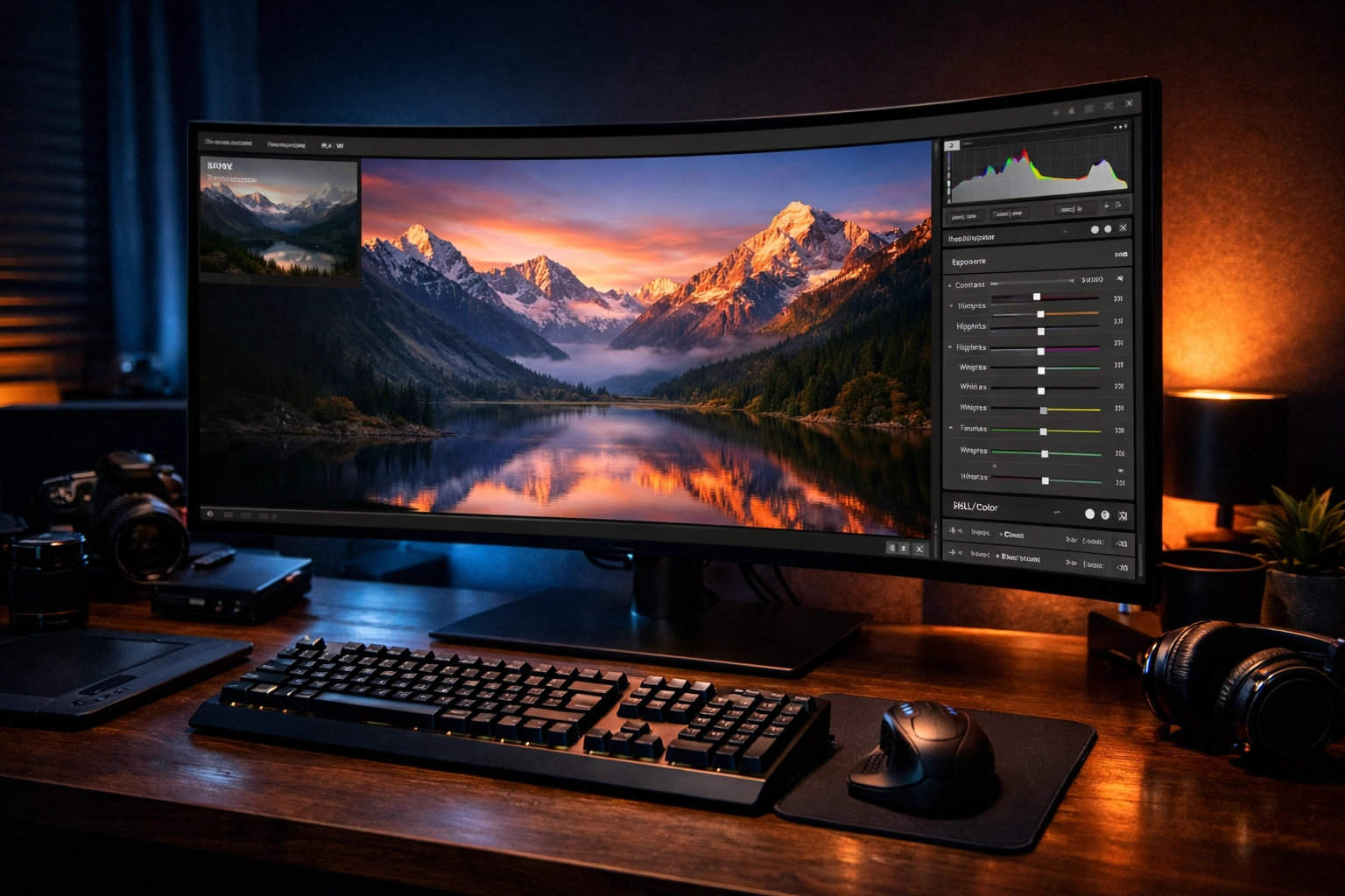 Professional photo editing tutorials displayed on a high-end monitor in a dark photography studio.