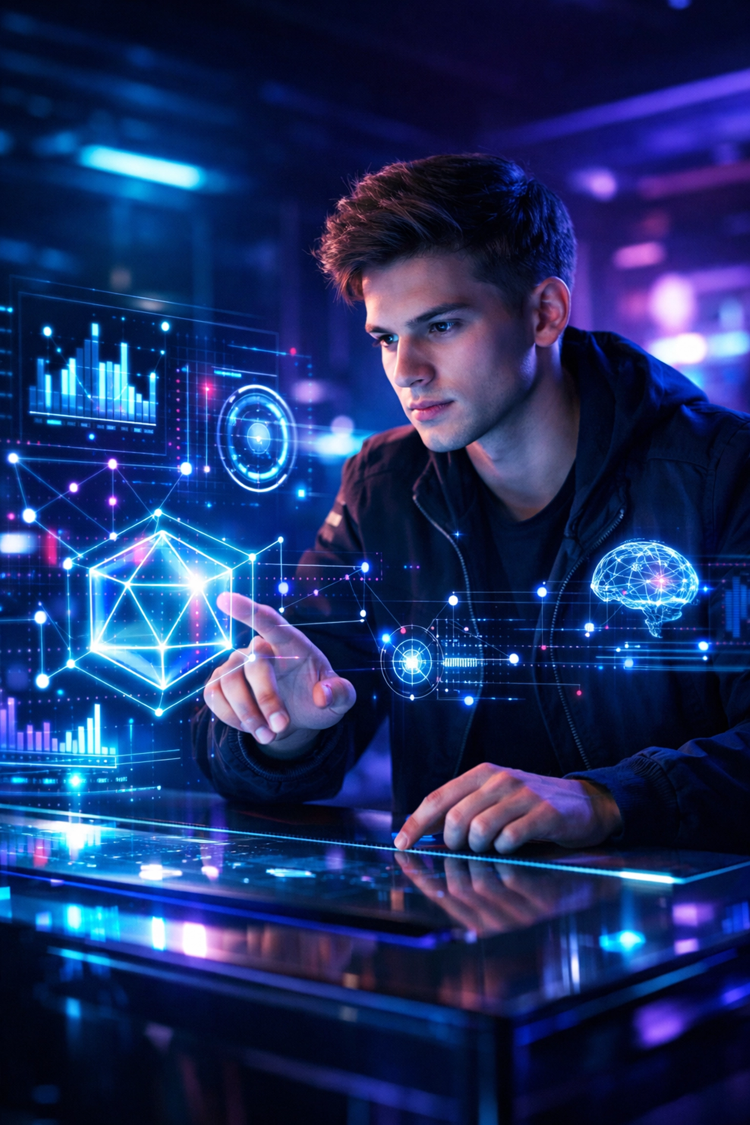 Professional analyzing technical skill metrics on a high-tech interface for the EsportsPod talent funnel.