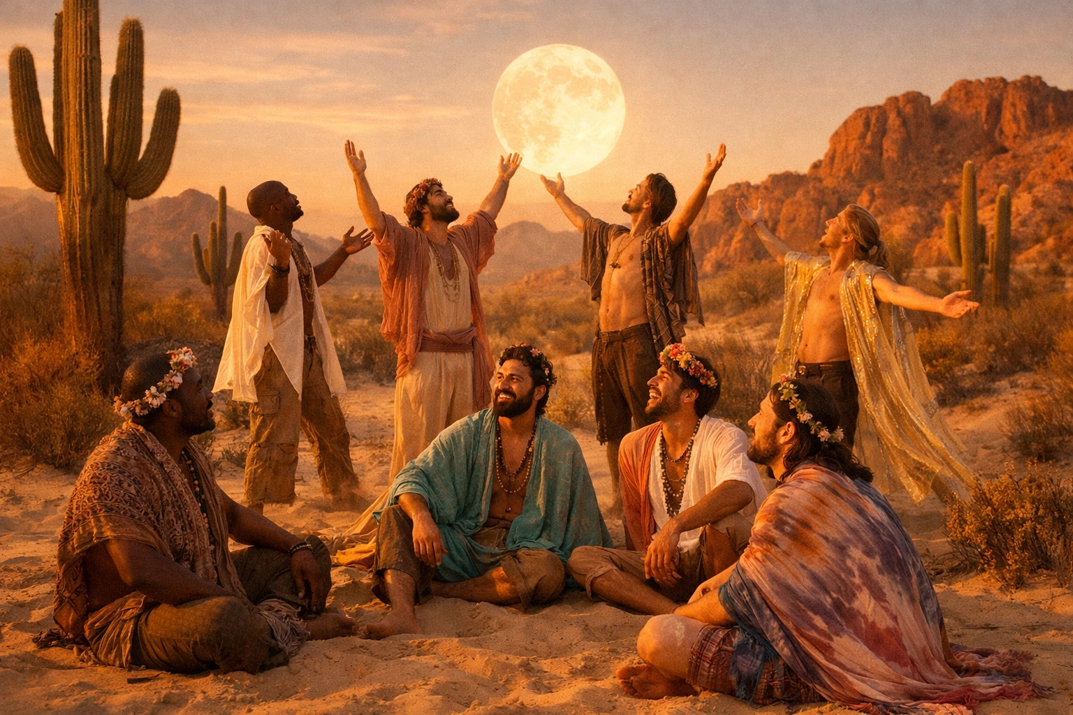 Gay men in bohemian attire at a spiritual Radical Faerie gathering in the Arizona desert.