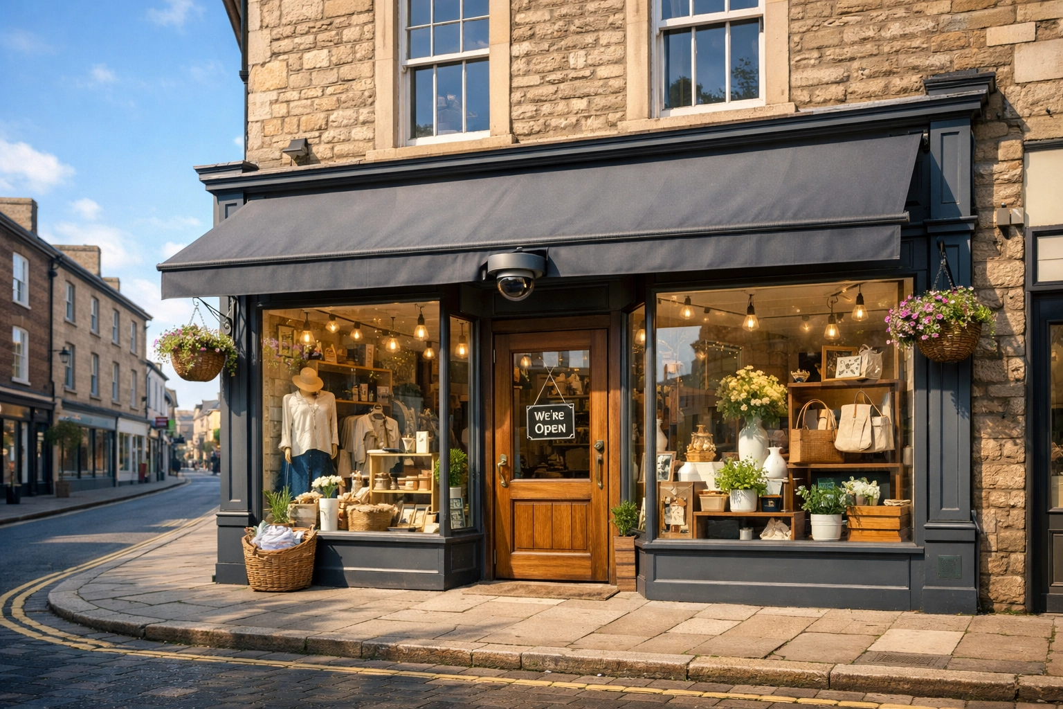 Discrete commercial CCTV camera protecting a local boutique shopfront on a high street in Taunton.