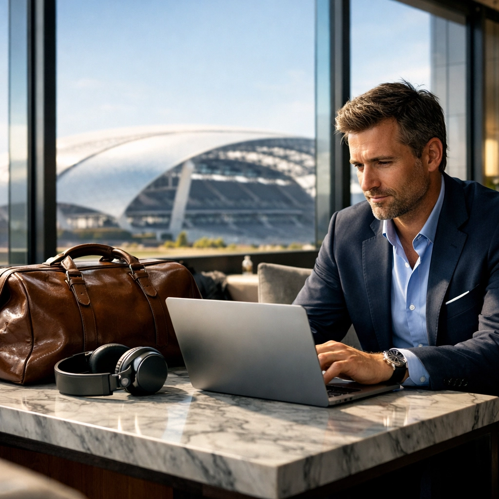 Business professional using a laptop for Super Bowl 2026 travel logistics and stadium planning.