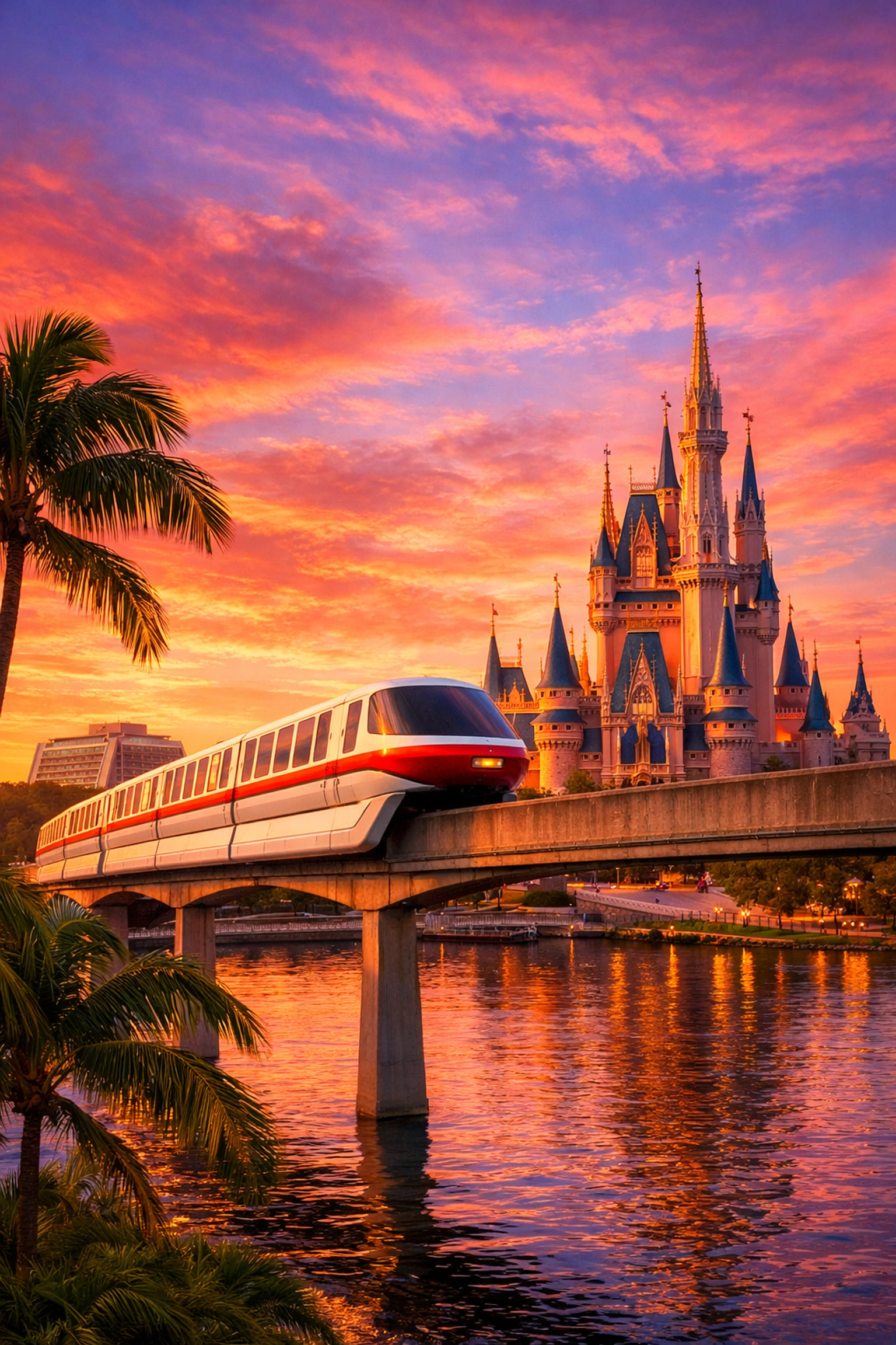 Disney monorail passing Cinderella Castle at Magic Kingdom at sunset