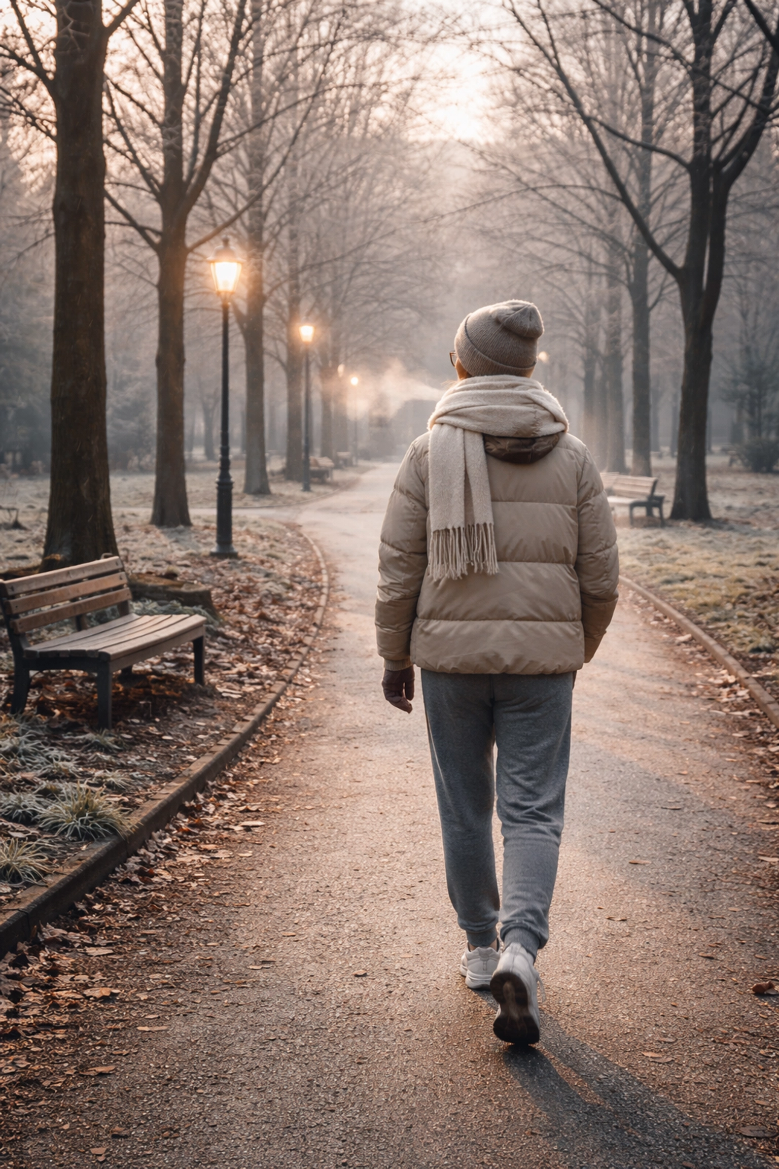 Person walking in a quiet winter park, highlighting mindful movement and relaxation to improve wellbeing