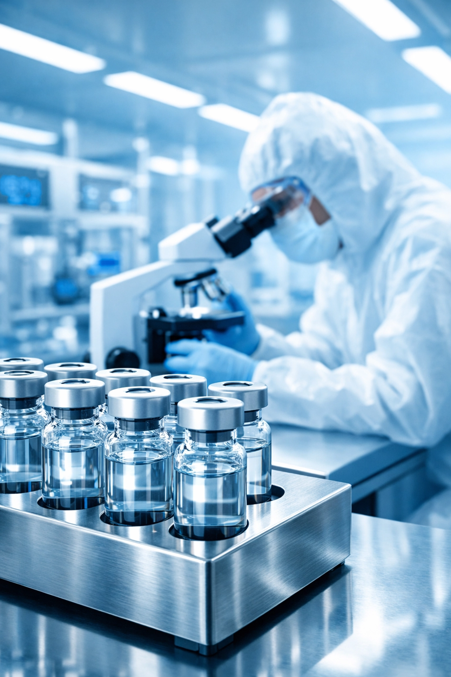 Sterile laboratory setting with medical vials representing high-quality peptide manufacturing and clinical standards.