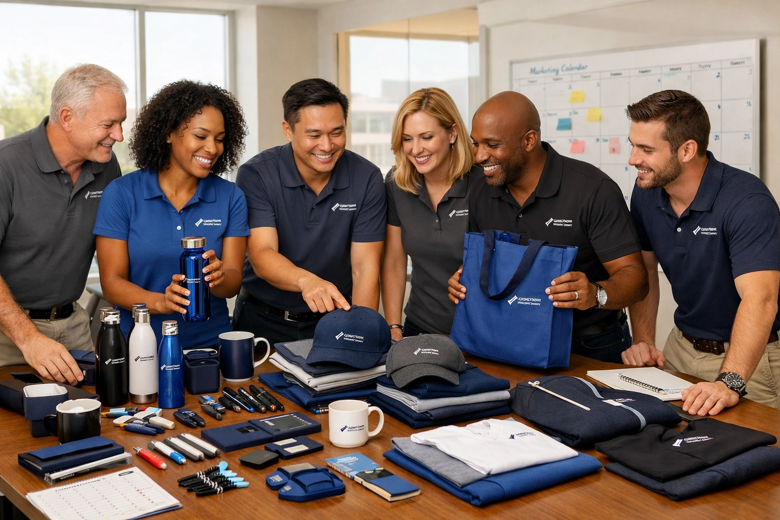 Team planning event merchandise with promotional products and custom apparel samples on table