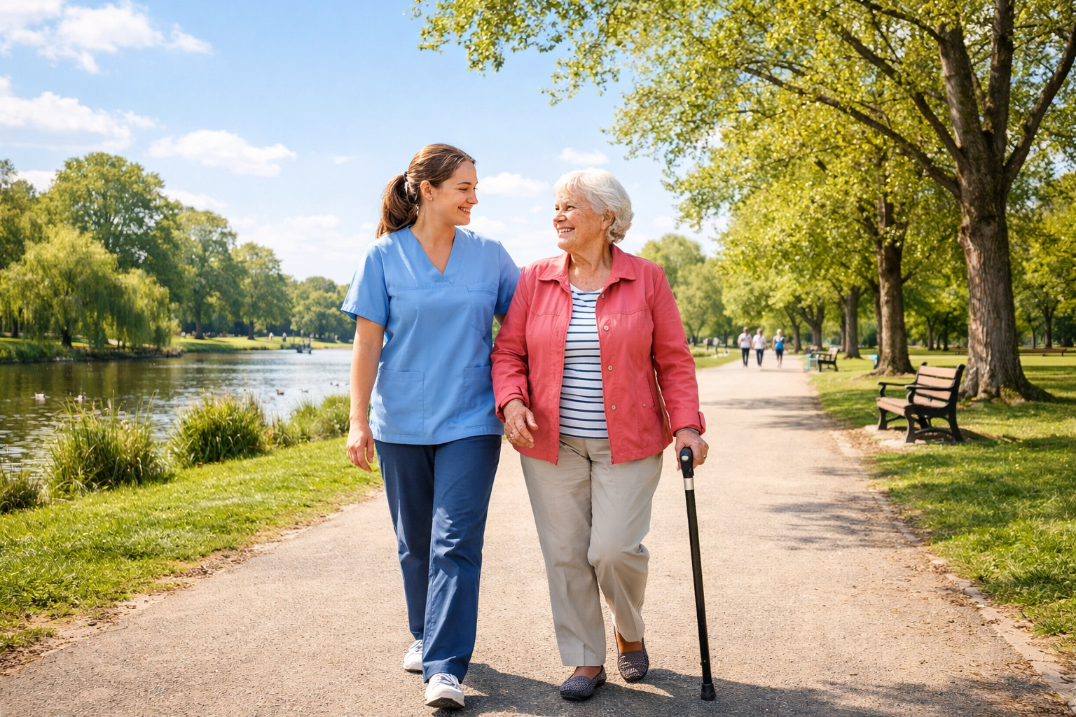 A live-in carer and elderly woman enjoying a walk in Southampton Common to promote active, independent living.
