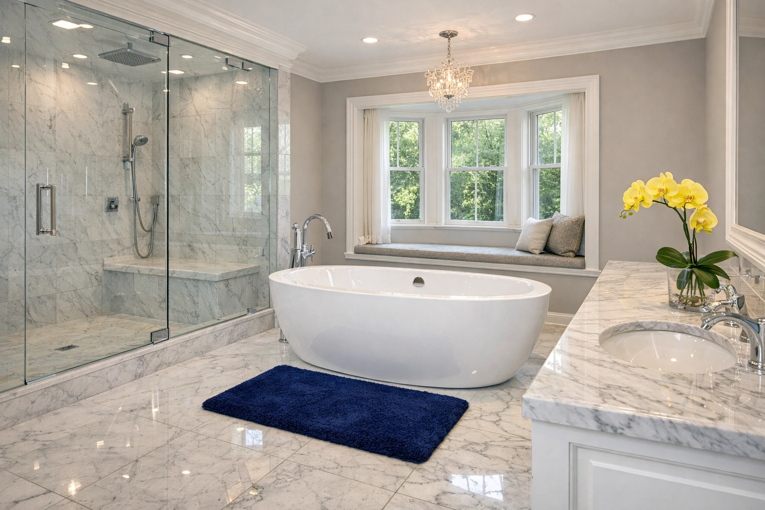 Pristine master bathroom with marble floors showing the results of Sudbury luxury cleaning secrets.