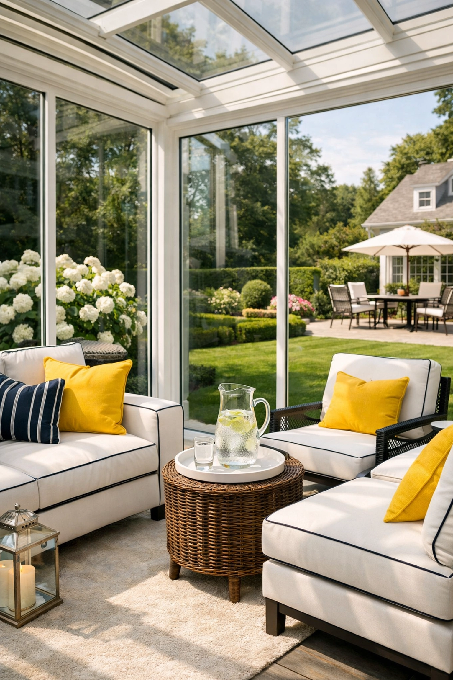 Meticulously clean glass sunroom in Wellesley, MA, showcasing professional luxury home maintenance results.