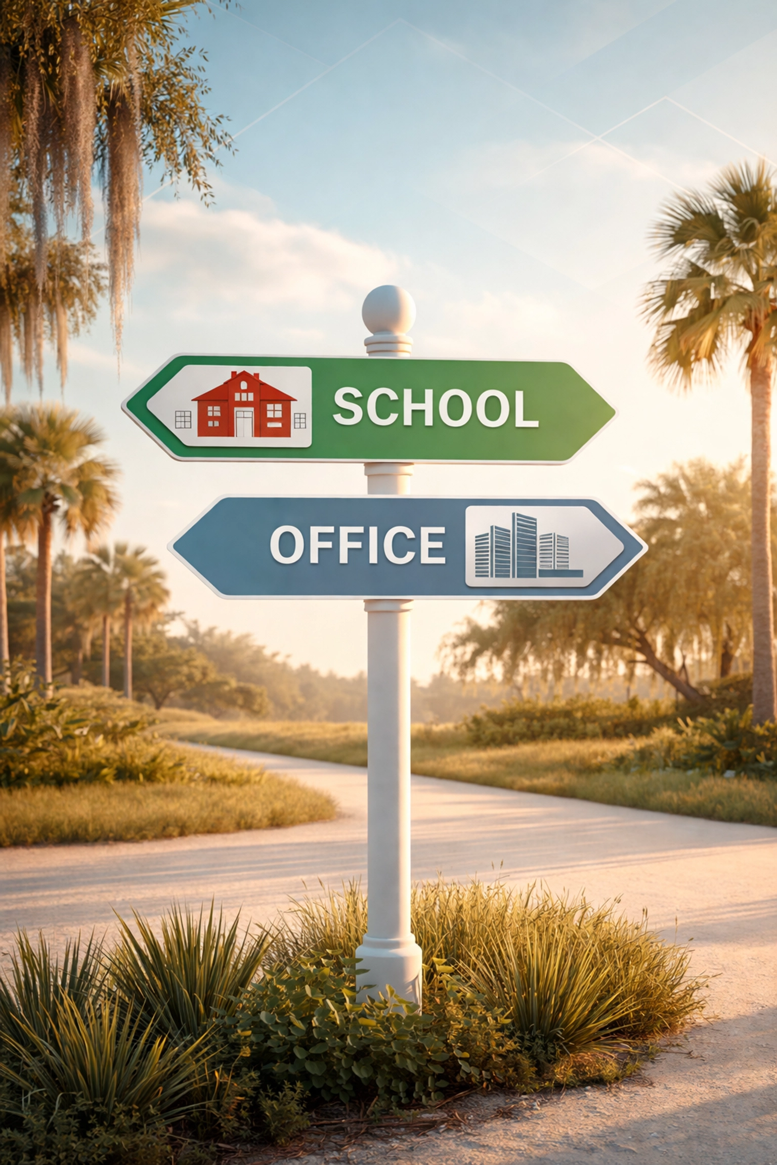 Martin County retirement decision crossroads with signs pointing to school and office, symbolizing FRS options