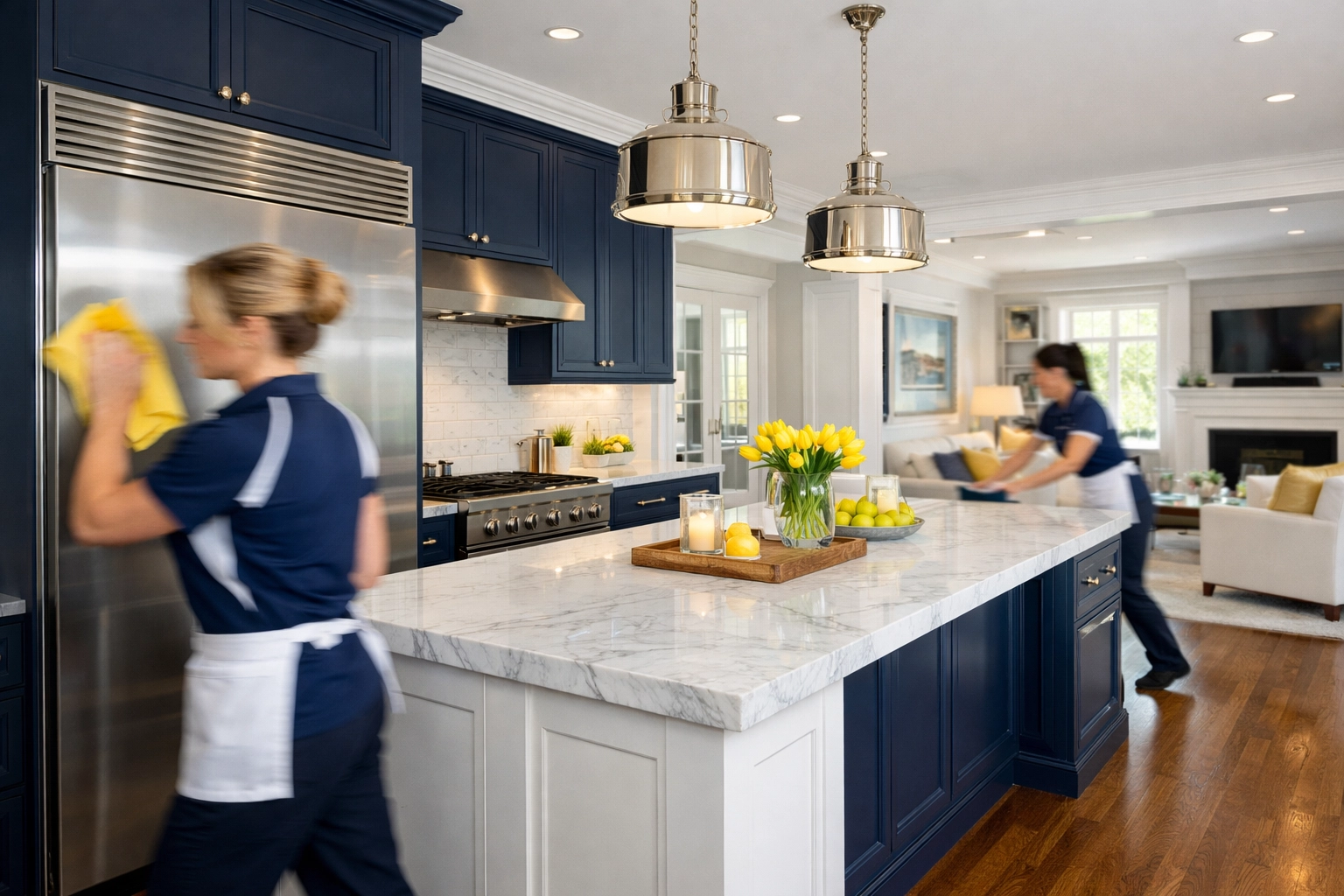 Professional team performing luxury house cleaning in a modern Weston kitchen with marble countertops.