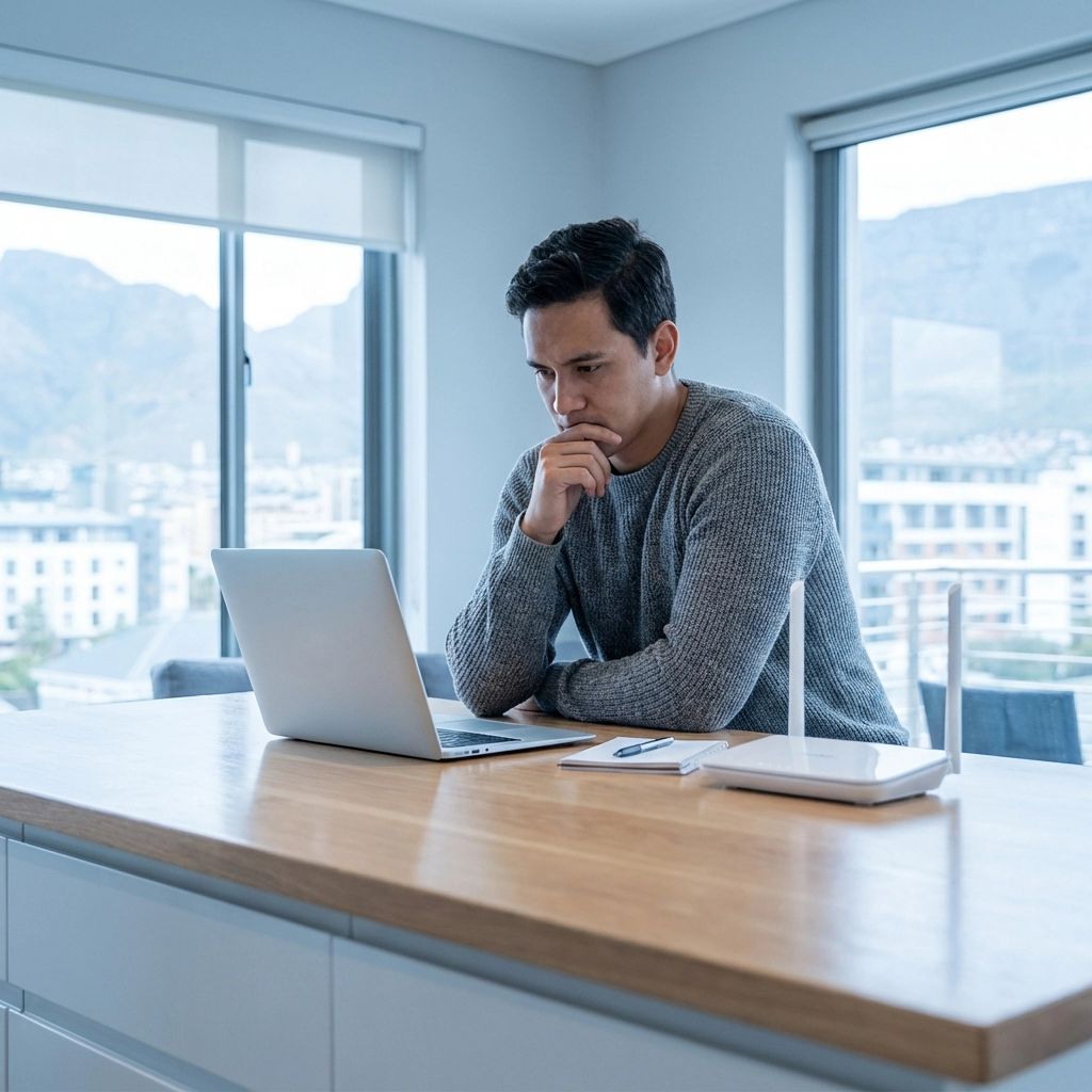 Cape Town resident troubleshooting WiFi router issues at a kitchen counter, focusing on home network diagnostics