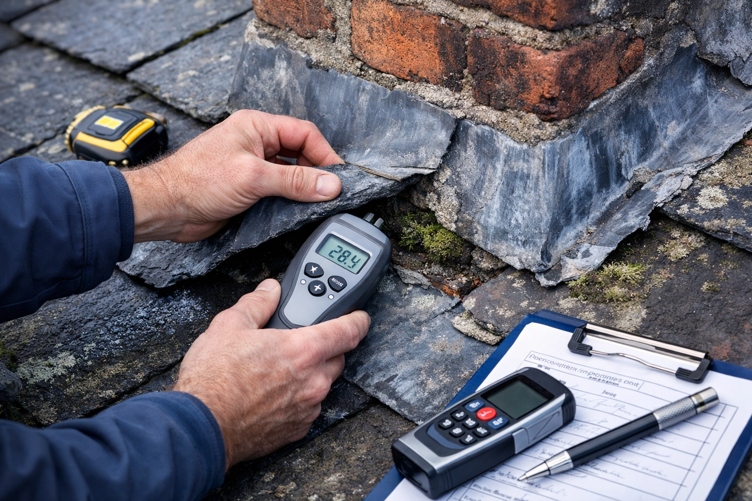 Roof surveyor inspecting lead flashing and chimney damage during Armagh property assessment