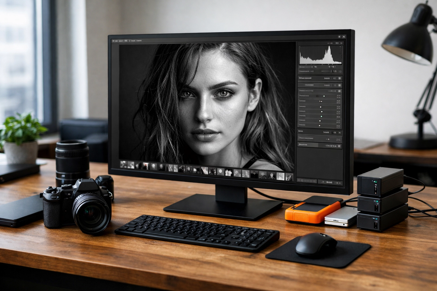 Professional photography workstation showing the best photo editing workflow for maintaining quality.