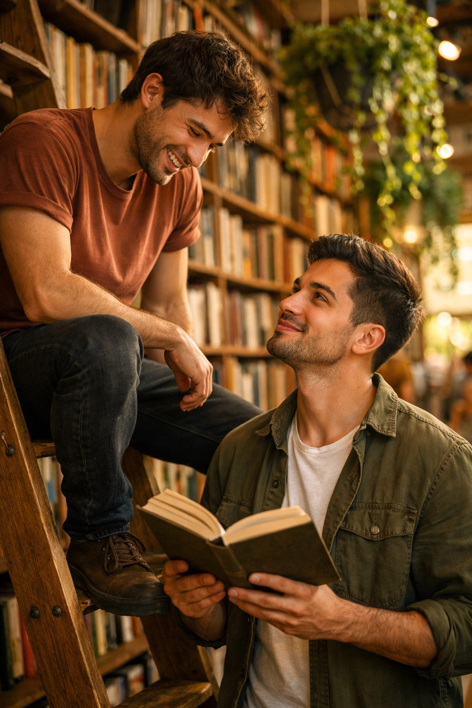 Two gay men smiling and reading contemporary romance books in a sunlit local bookstore.