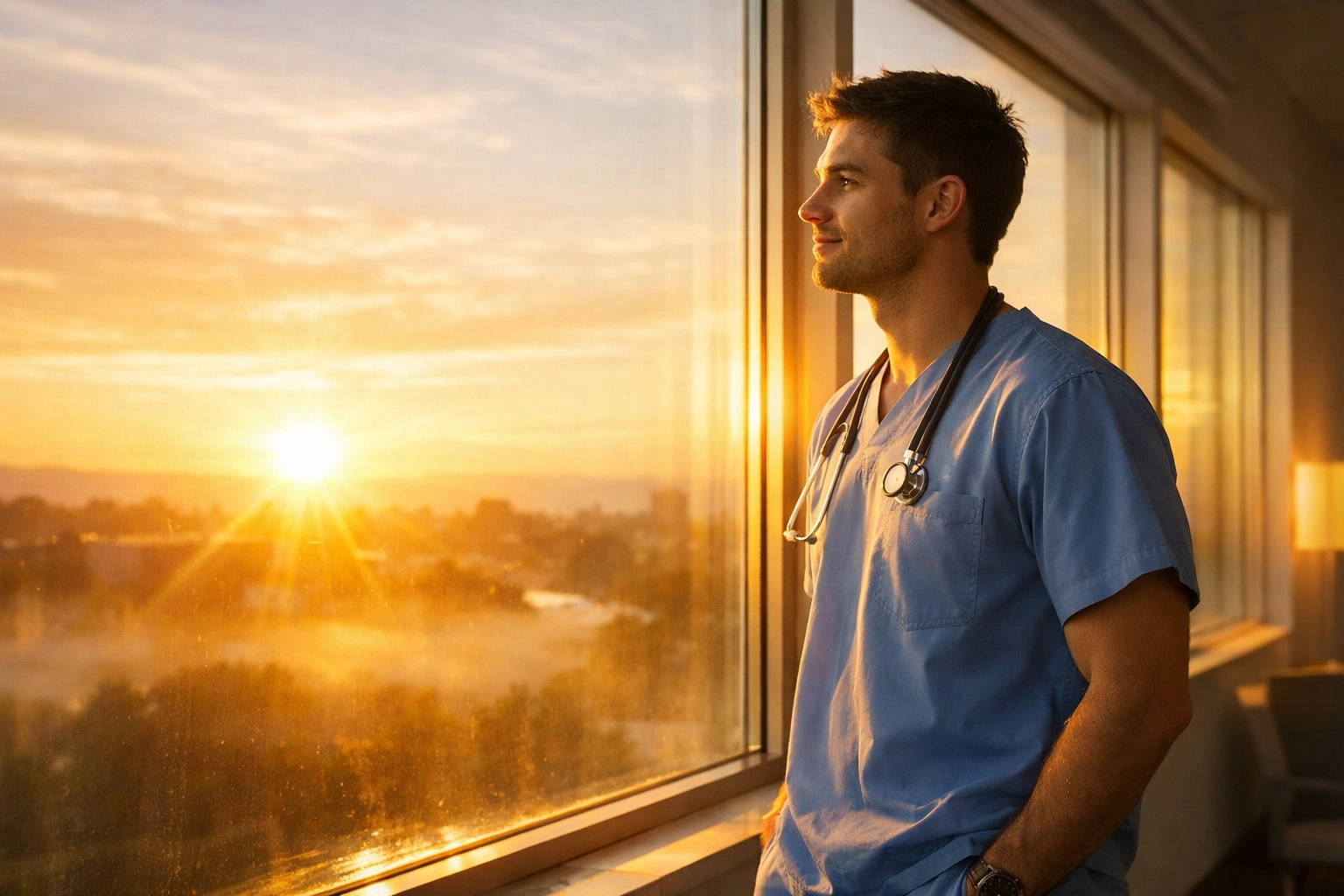 A professional watching the sunrise after a shift, symbolizing the Holy Spirit's power and renewal.