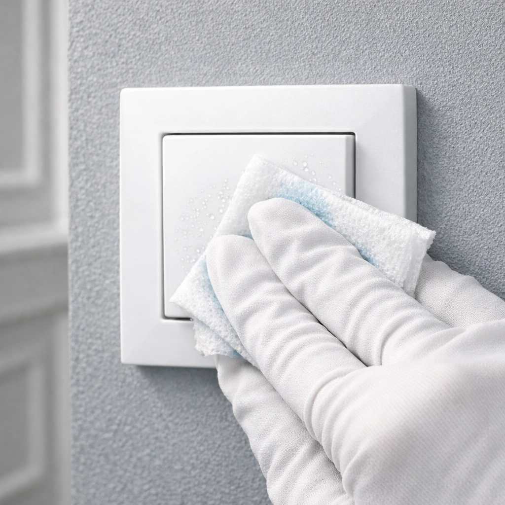 Disinfecting a light switch as part of a thorough house cleaning Worcester MA routine.
