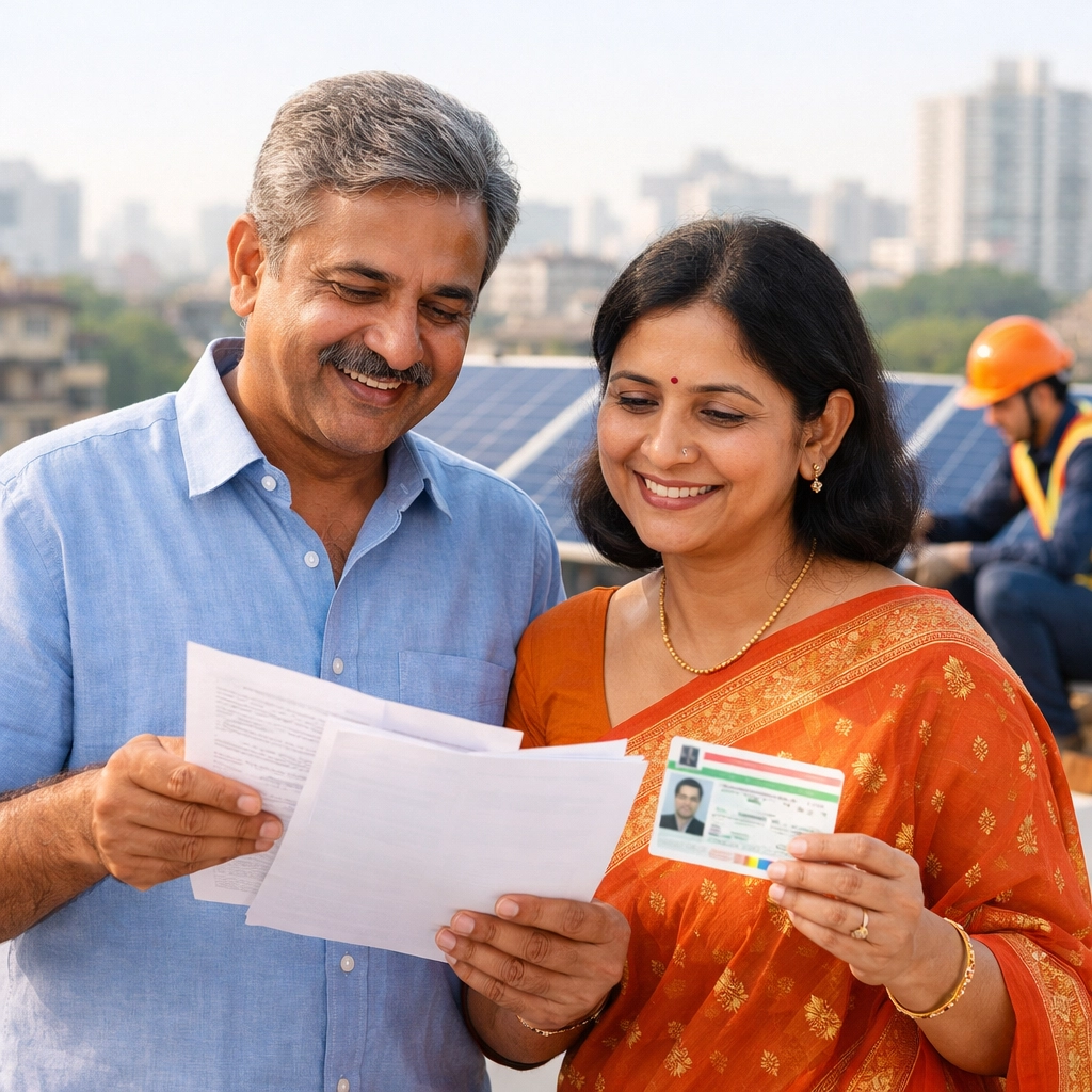 Indian homeowners reviewing solar installation documents on rooftop in Mumbai