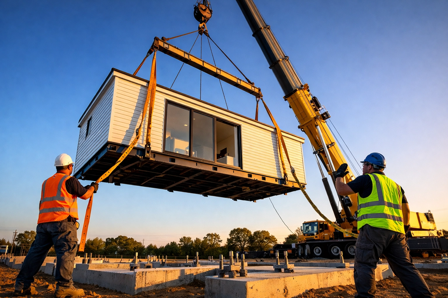 Mobile crane lifting modular home module onto foundation with riggers guiding placement