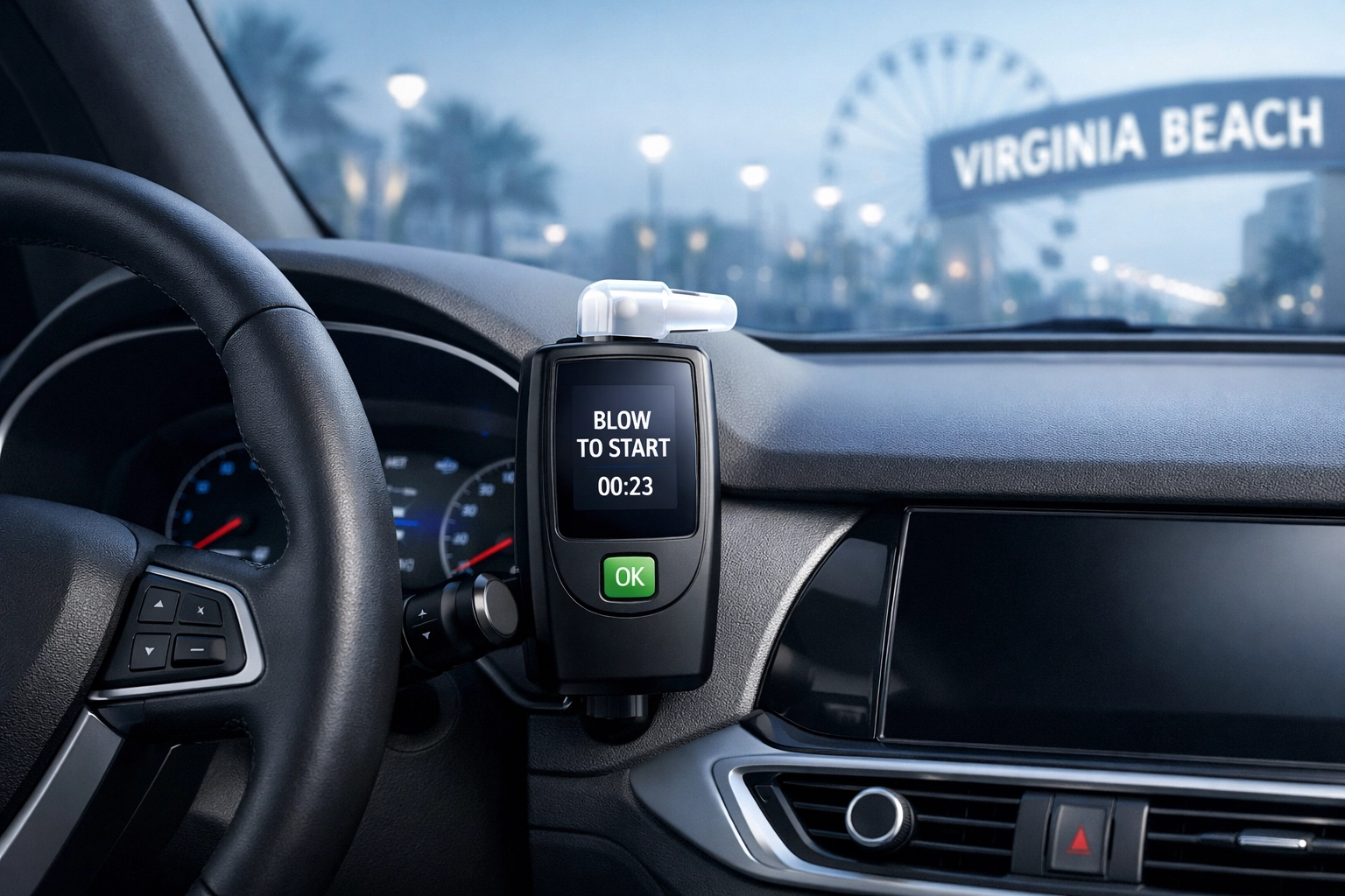 Ignition interlock device installed on car dashboard for Virginia DUI offenders