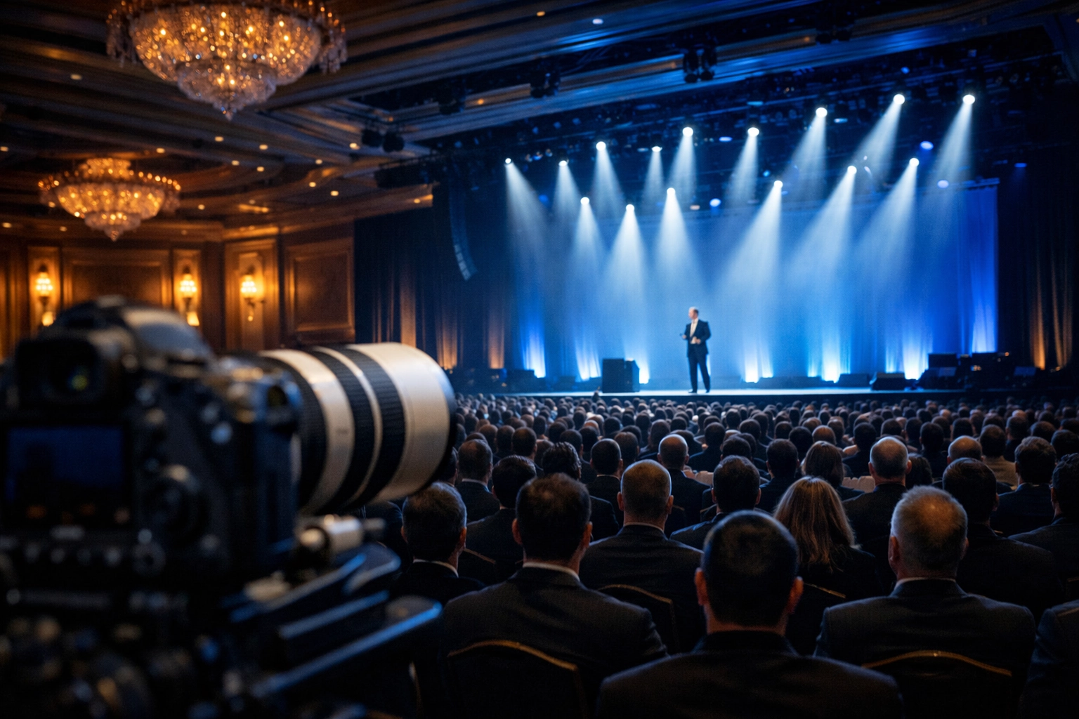 Professional event photographer capturing a keynote in a Las Vegas ballroom with high-end lighting.