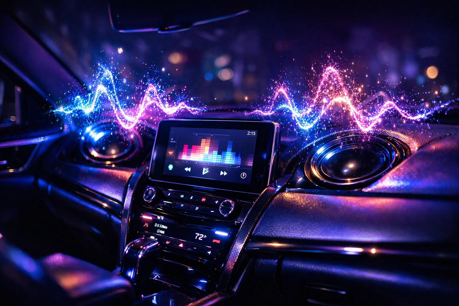 Testing sound output on a car audio head unit after amplifier installation.