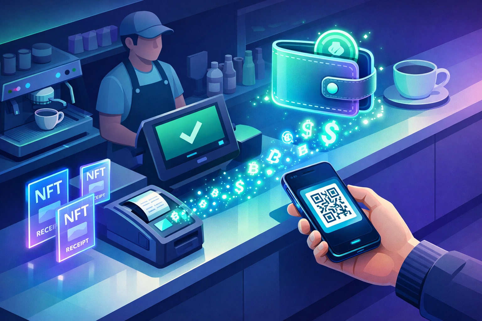 Customer scanning QR code for crypto payment at merchant point-of-sale terminal