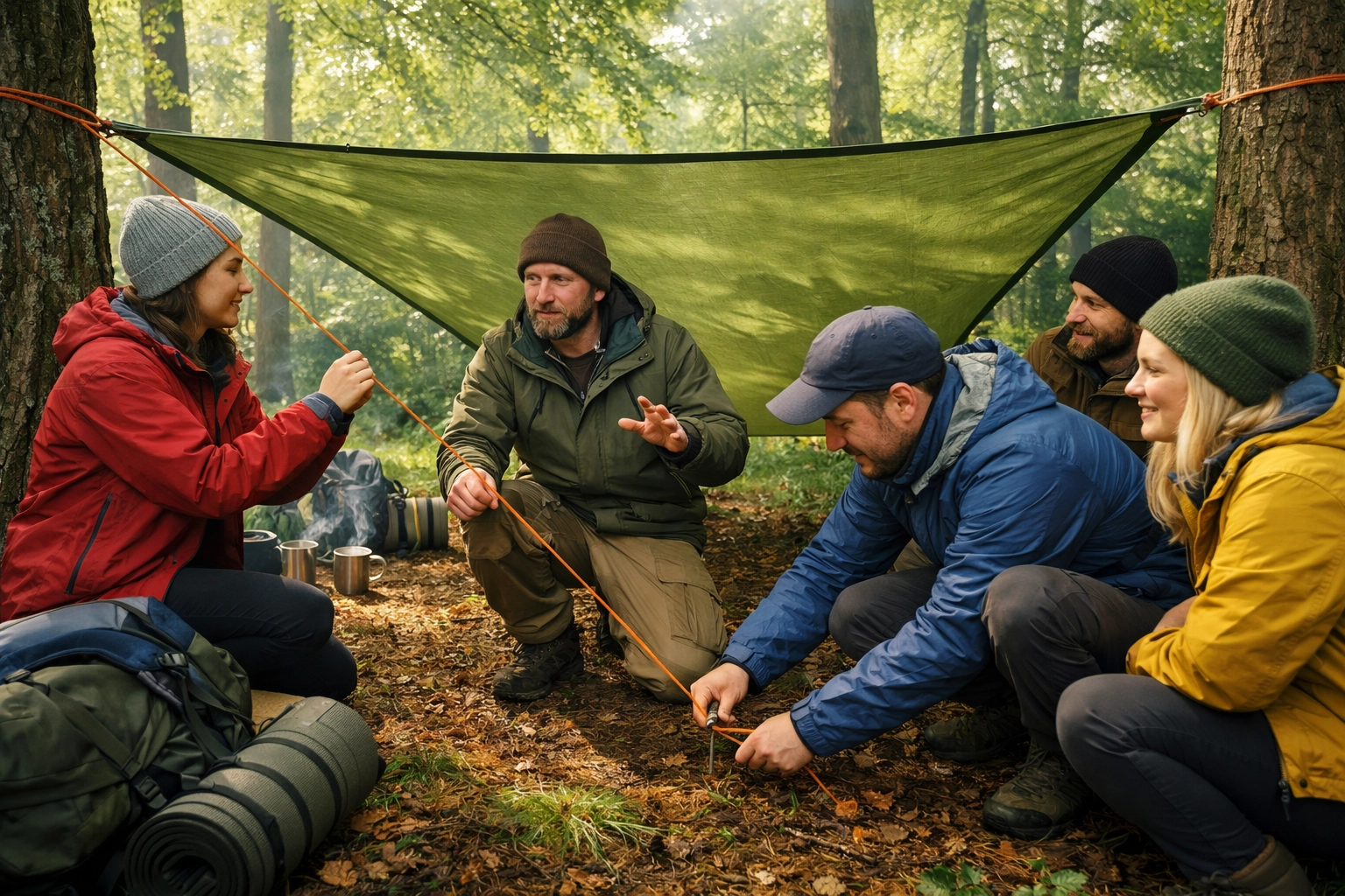 A wild camping guided UK group learning shelter building and tarp setup in a forest camp.
