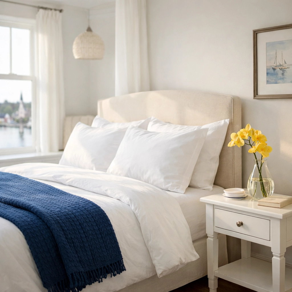 Pristine master bedroom sanctuary with fresh linens and a dust-free nightstand in a Lunenburg home.