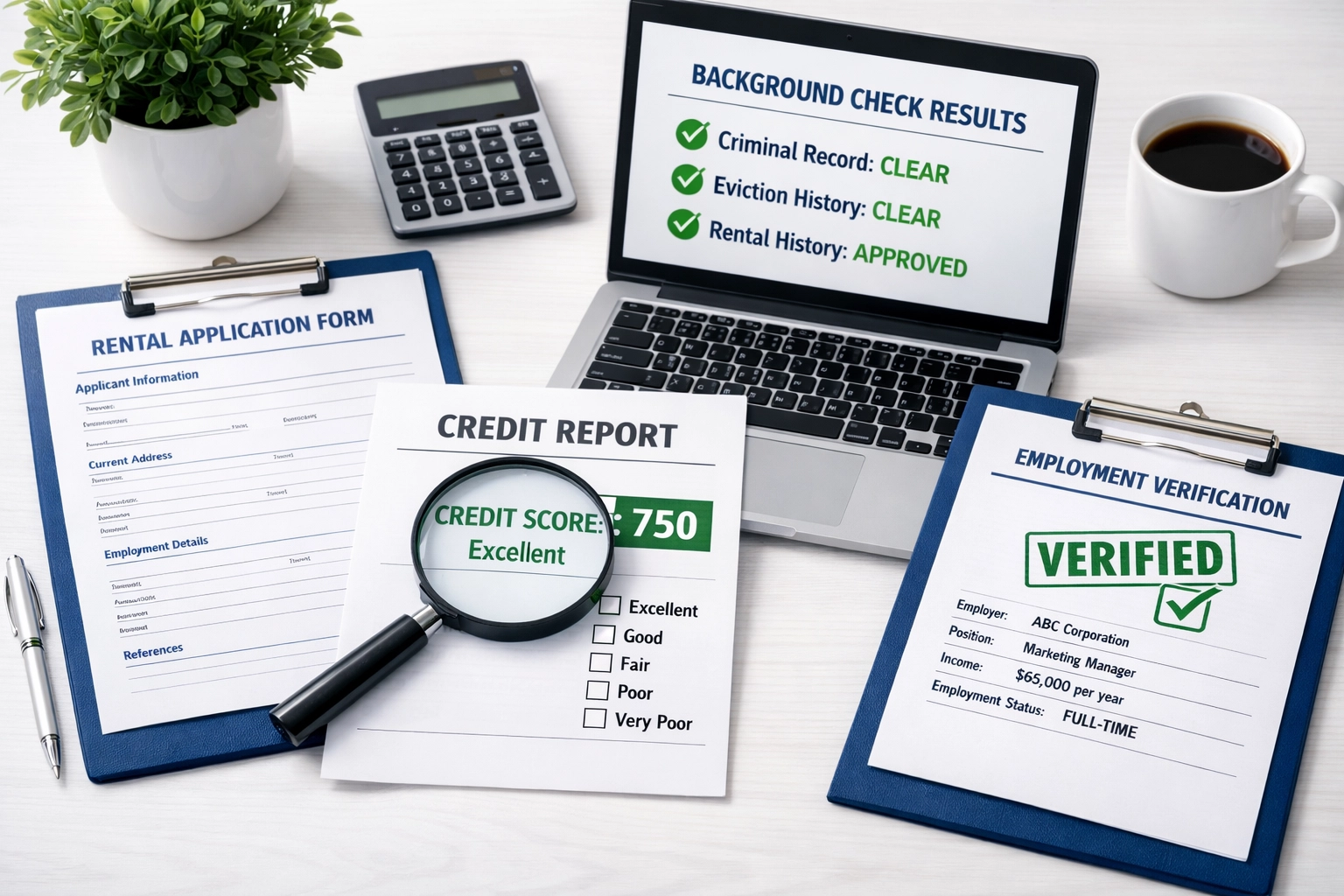 Tenant screening documents including credit report and rental application review