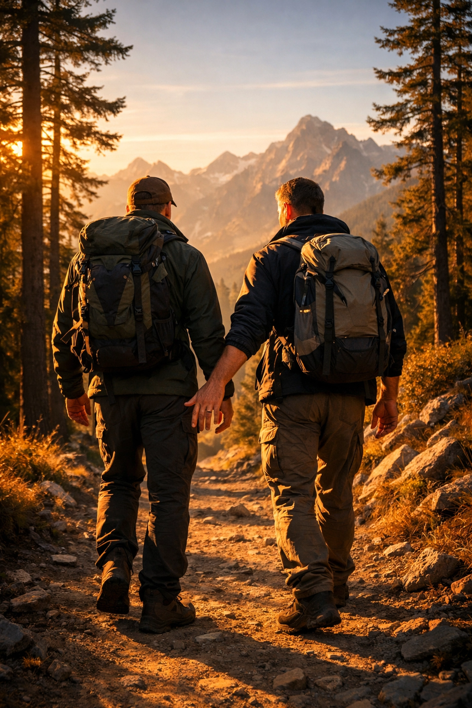 Gay couple hiking together on mountain trail at sunset with backpacks - outdoor adventure partnership