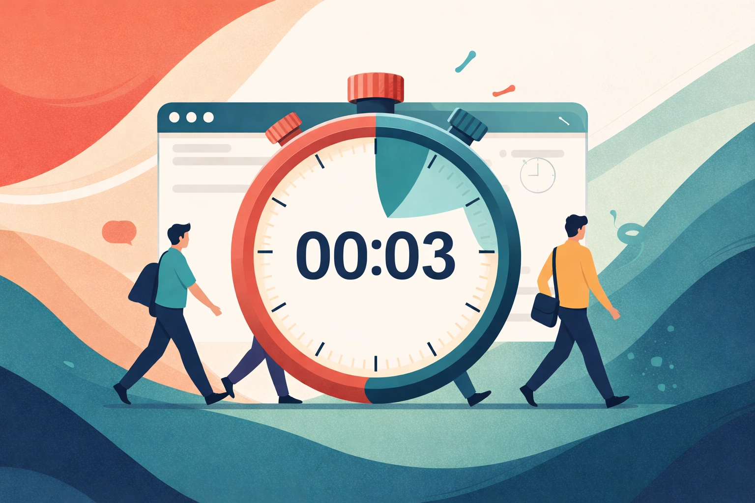 Flat illustration of users leaving a slow website, highlighting importance of fast website loading speed and user experience