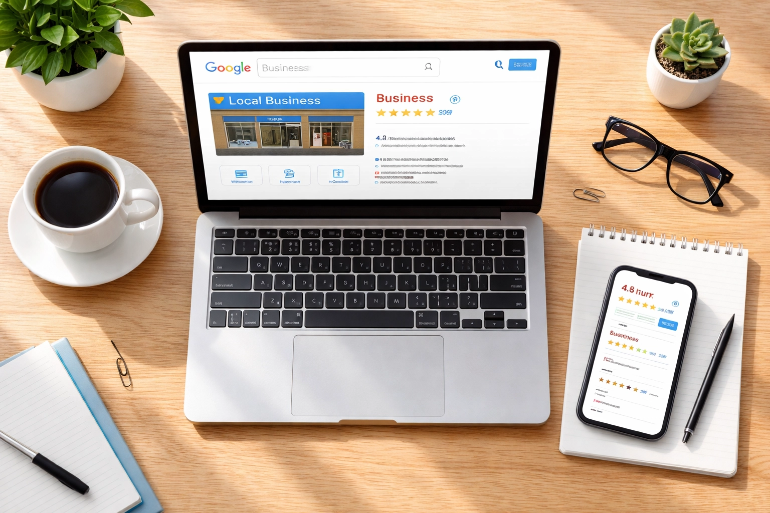 Organized desk with laptop showing Google Business Profile and phone with customer reviews, highlighting modern home service marketing systems